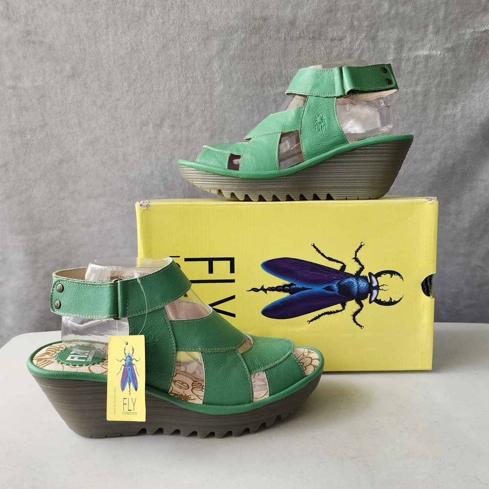 Fly London Sandals Womens Size 8 Yair Green Leather Wedge Box EU39 YAIR626FLY